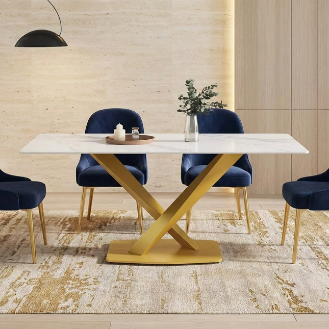Marbela Dining Table | 70" Rectangular White Marble Dining Table | Gold Base – Seats 6, Classic Modern Design