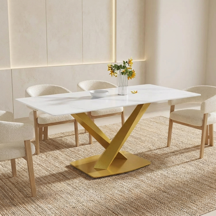 Marbela Dining Table | 70" Rectangular White Marble Dining Table | Gold Base – Seats 6, Classic Modern Design