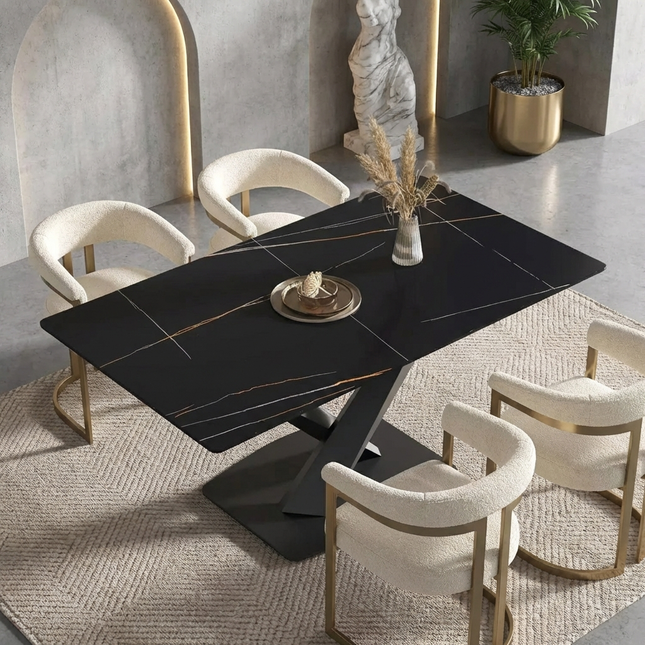 Marbela Dining Table | 70" Rectangular Black Dining Table | Jet Black Base – 6-Seater Modern Dining Room Table