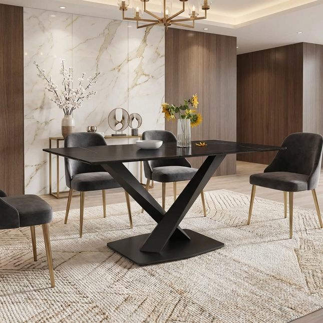 Marbela Dining Table | 70" Rectangular Black Dining Table | Jet Black Base – 6-Seater Modern Dining Room Table