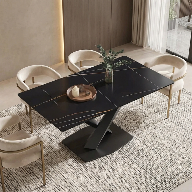 Marbela Dining Table | 70" Rectangular Black Dining Table | Jet Black Base – 6-Seater Modern Dining Room Table