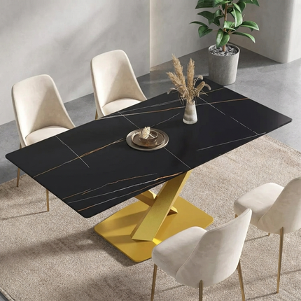 Marbela Dining Table | 70" Rectangular Black Marble Dining Table | Gold Base – Elegant 6-Seater for Modern Homes