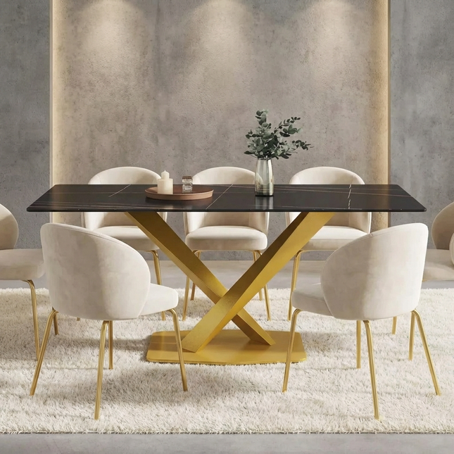 Marbela Dining Table | 70" Rectangular Black Marble Dining Table | Gold Base – Elegant 6-Seater for Modern Homes