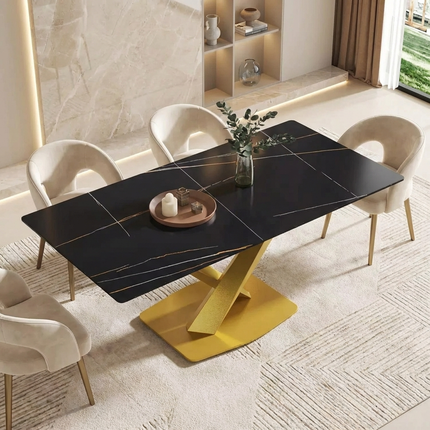 Marbela Dining Table | 70" Rectangular Black Marble Dining Table | Gold Base – Elegant 6-Seater for Modern Homes