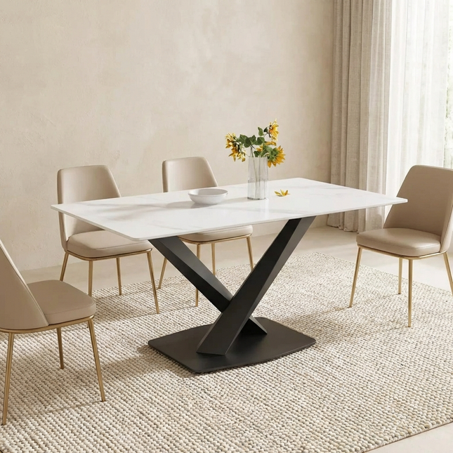 Marbela Elegant Dining Tables | 63" Rectangular White with Jet Black Base