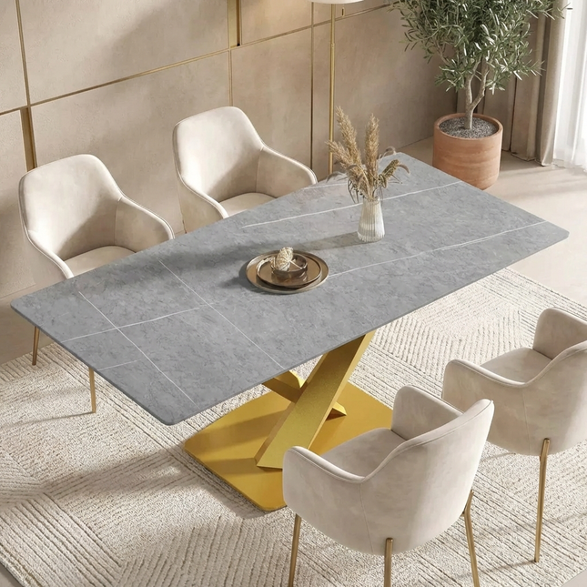 Marbela Elegant Dining Tables | 70" Rectangular Gray with Classic Gold Base for 6