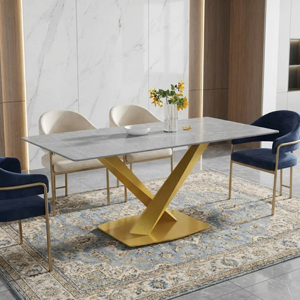 Marbela Elegant Dining Tables | 70" Rectangular Gray with Classic Gold Base for 6