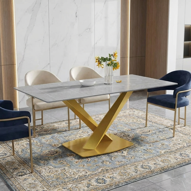 Marbela Elegant Dining Tables | 70" Rectangular Gray with Classic Gold Base for 6