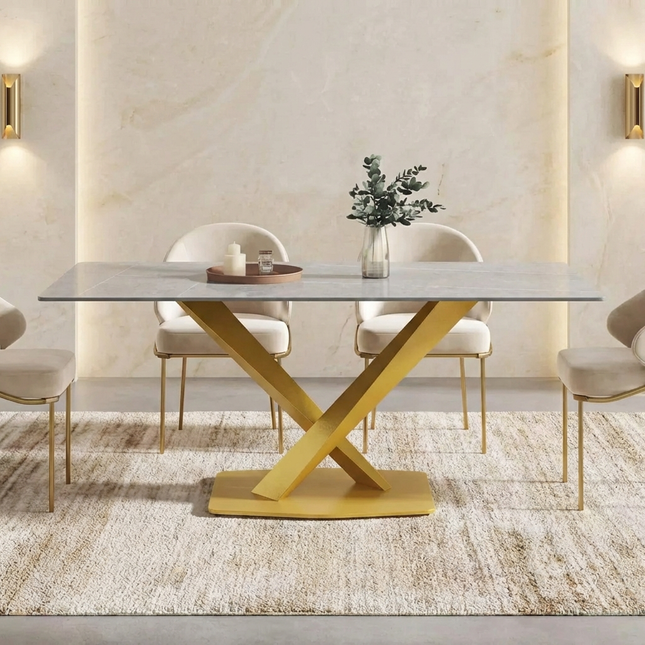 Marbela Elegant Dining Tables | 70" Rectangular Gray with Classic Gold Base for 6