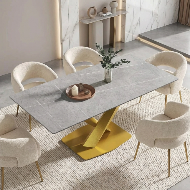 Marbela Elegant Dining Tables | 70" Rectangular Gray with Classic Gold Base for 6