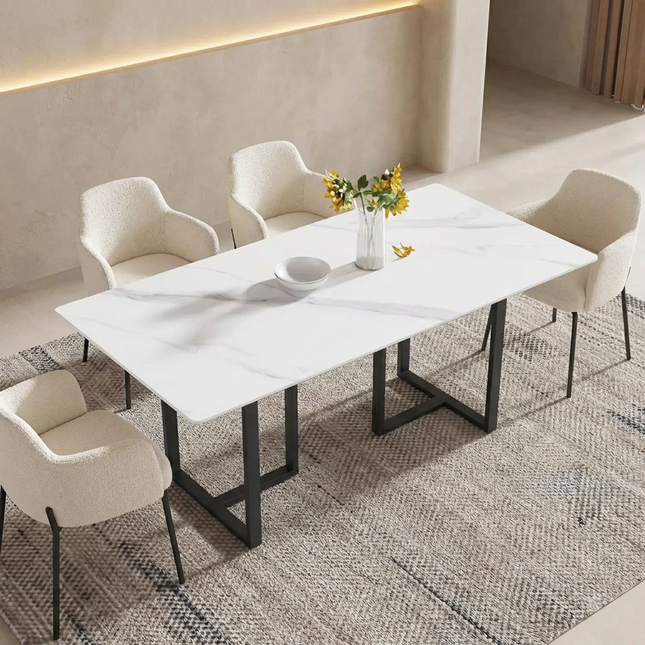 Linea Modern 70" White Dining Table – Rectangular with Onyx-Black Base, Seats 6 People