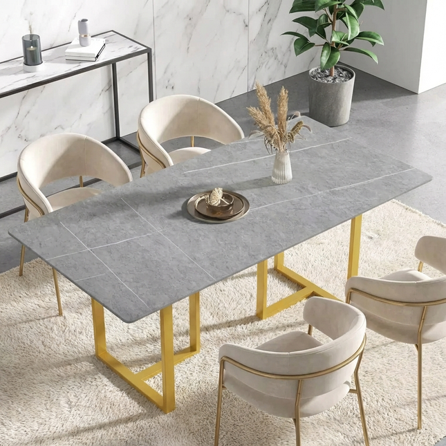 Linea Modern 70" Gray Dining Table – Rectangular with Satin-Gold Base, Seats 6 People