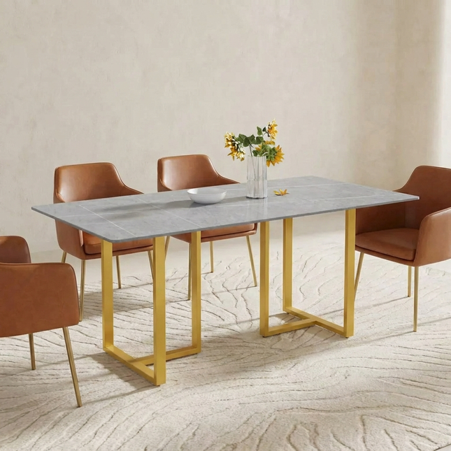 Linea Modern 70" Gray Dining Table – Rectangular with Satin-Gold Base, Seats 6 People