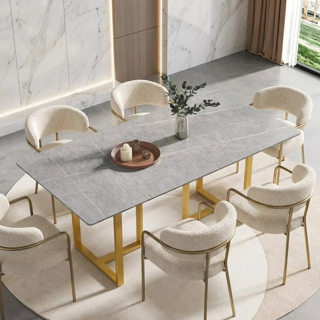 Linea Modern 70" Gray Dining Table – Rectangular with Satin-Gold Base, Seats 6 People