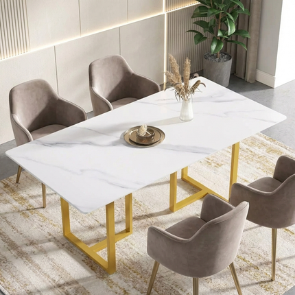 Linea Modern 70" White Dining Table – Rectangular with Satin-Gold Base, Seats 6 People