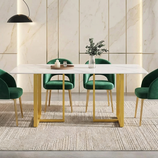 Linea Modern 70" White Dining Table – Rectangular with Satin-Gold Base, Seats 6 People