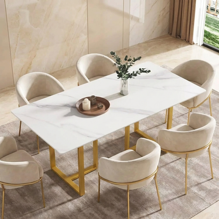Linea Modern 70" White Dining Table – Rectangular with Satin-Gold Base, Seats 6 People