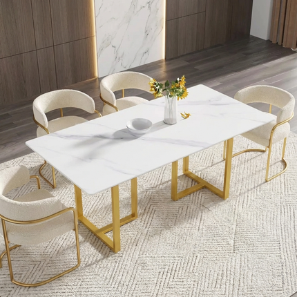 Linea Modern 70" White Dining Table – Rectangular with Satin-Gold Base, Seats 6 People