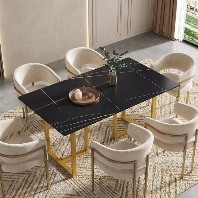 Linea Modern Dining Table | 63" Rectangular Black with Satin Gold Base
