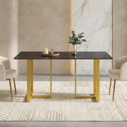 Linea Modern Dining Table | 63" Rectangular Black with Satin Gold Base