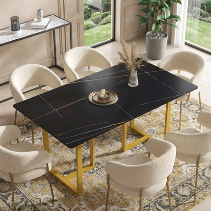 Linea Modern Dining Table | 63" Rectangular Black with Satin Gold Base