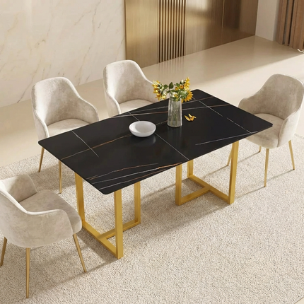 Linea Modern Dining Table | 63" Rectangular Black with Satin Gold Base