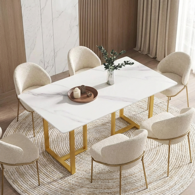 Linea Elegant Dining Tables | 63" Rectangular White with Satin Gold Base
