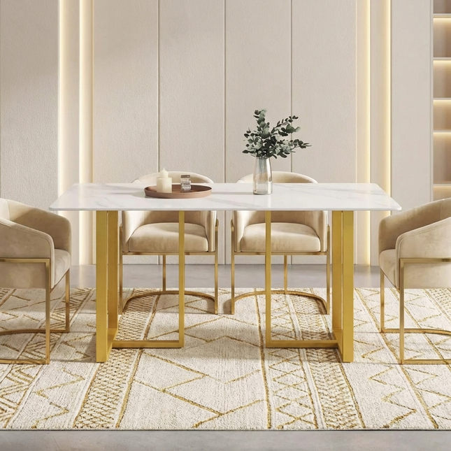 Linea Elegant Dining Tables | 63" Rectangular White with Satin Gold Base