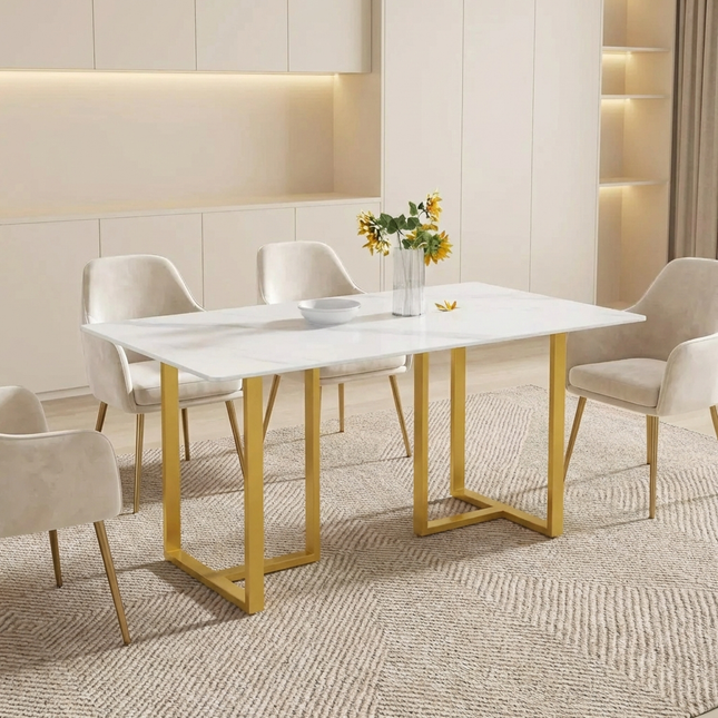 Linea Elegant Dining Tables | 63" Rectangular White with Satin Gold Base
