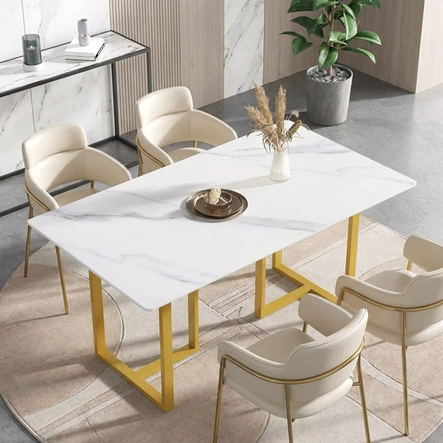 Linea Elegant Dining Tables | 63" Rectangular White with Satin Gold Base