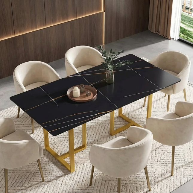 Linea Modern 70" Black Dining Table – Rectangular with Satin-Gold Base, Seats 6 People