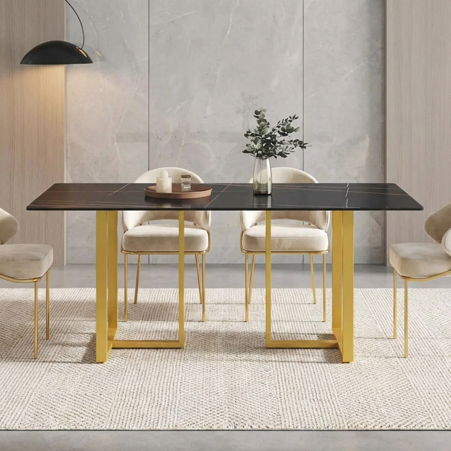 Linea Modern 70" Black Dining Table – Rectangular with Satin-Gold Base, Seats 6 People