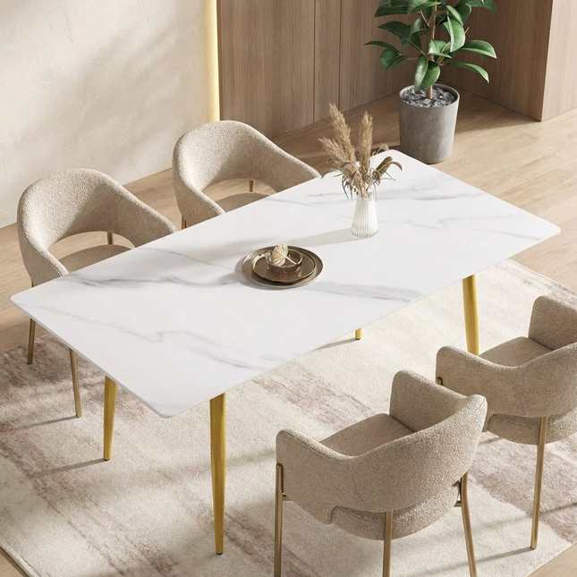 Axis Dining Tables | 70" Rectangular White with Dusk Gold Base for 6