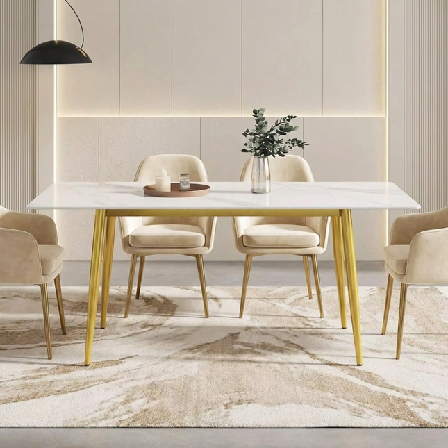 Axis Dining Tables | 70" Rectangular White with Dusk Gold Base for 6