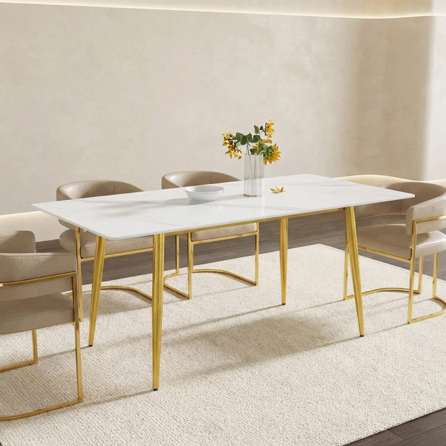 Axis Dining Tables | 70" Rectangular White with Dusk Gold Base for 6