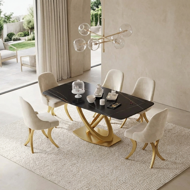 Cosmo Opulent Dining Tables | 70" Rectangular Black with Luxe Gold Base for 8