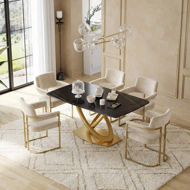Cosmo Opulent Dining Tables | 63" Rectangular Black with Luxe Gold Base for 6