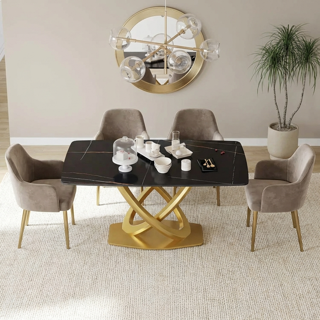 Cosmo Opulent Dining Tables | 63" Rectangular Black with Luxe Gold Base for 6