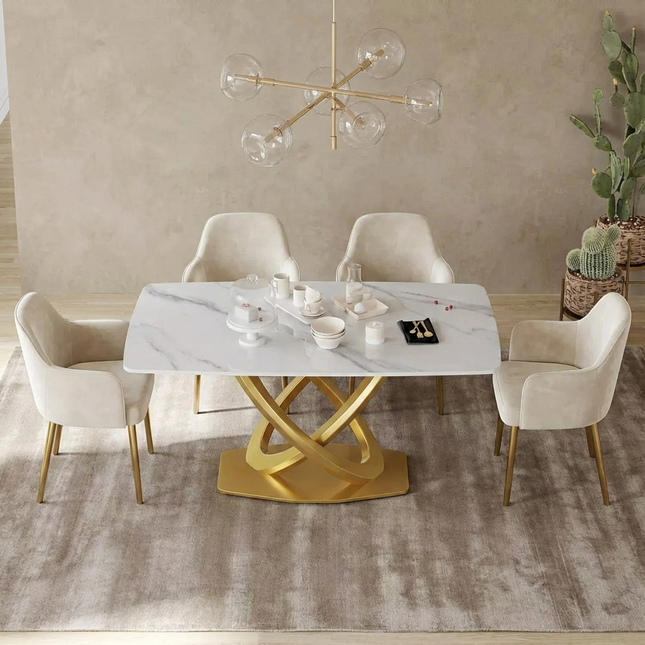 Cosmo Opulent Dining Tables | 63" Rectangular White with Luxe Gold Base for 6