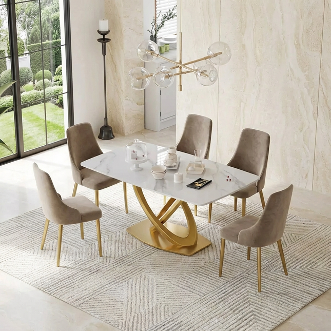 Cosmo Opulent Dining Tables | 63" Rectangular White with Luxe Gold Base for 6