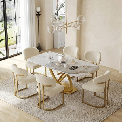 Cosmo Opulent Dining Tables | 70" Rectangular Antique White with Luxe Gold Base for 8