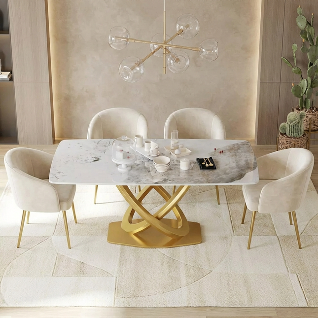 Cosmo Opulent Dining Tables | 70" Rectangular Antique White with Luxe Gold Base for 8