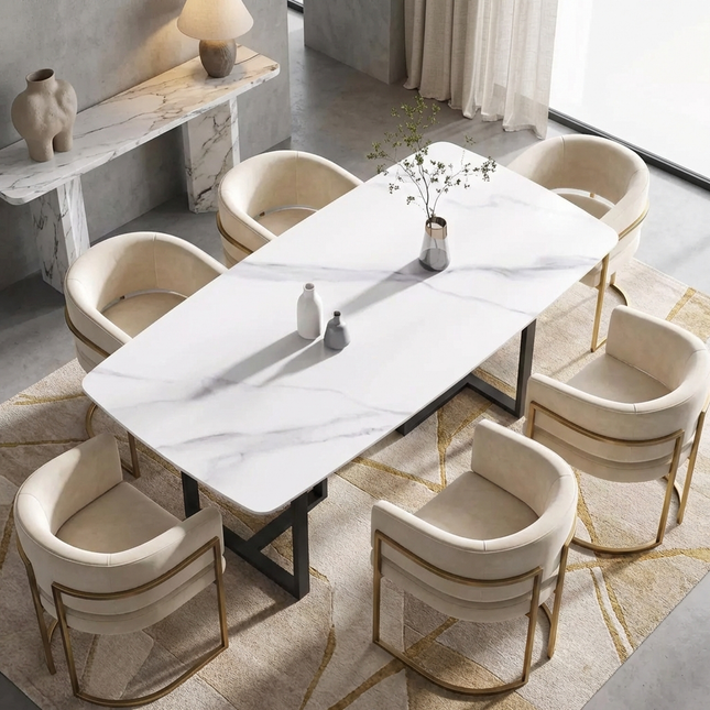 Curvea Elegant Dining Tables | 70" Rectangular White with Onyx Black Base for 6-8