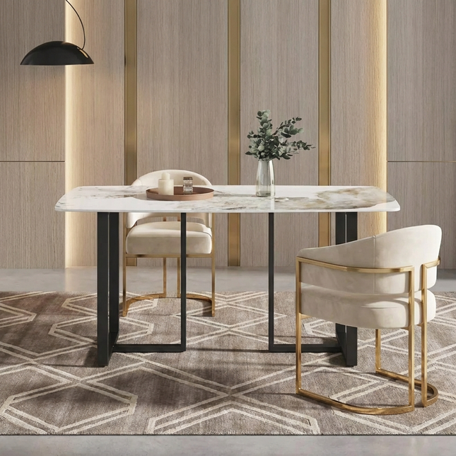 Curvea Opulent Dining Tables | 63" Rectangular Antique White with Onyx Black Base for 4-6