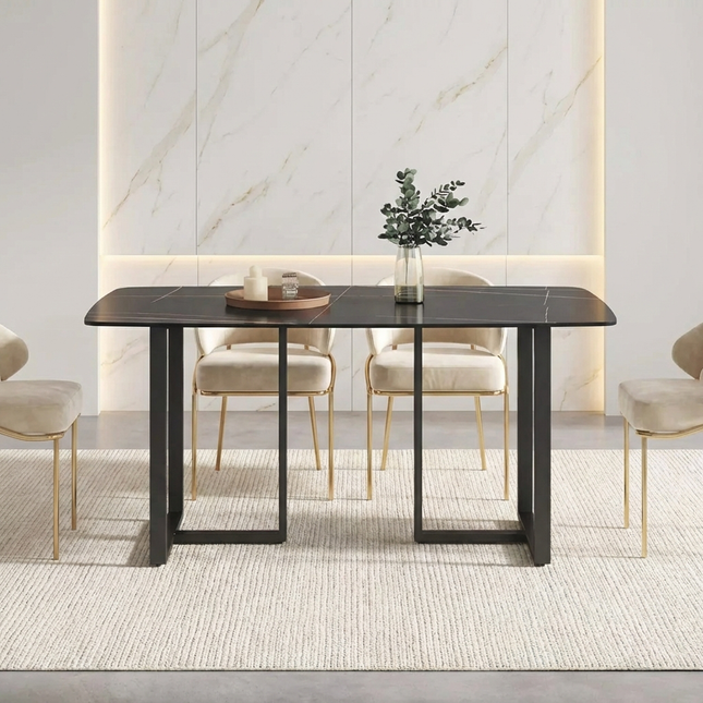 Curvea Modern Dining Table | 63" Rectangular Round Corners Black with Onyx Black Base for 4-6