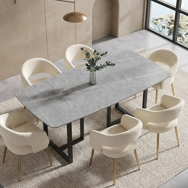 Curvea Modern Elegant Dining Tables | 70" Rectangular Grey with Onyx Black Base for 6-8