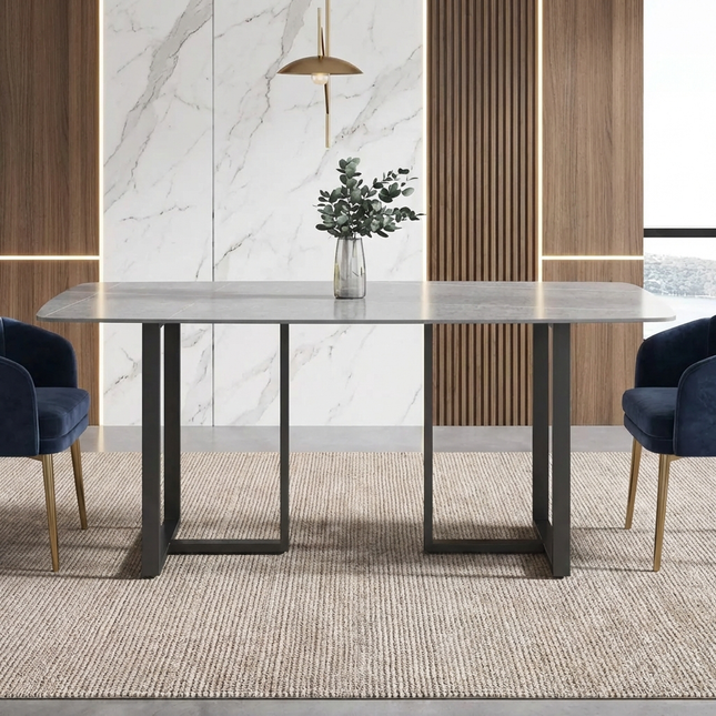 Curvea Modern Elegant Dining Tables | 70" Rectangular Grey with Onyx Black Base for 6-8