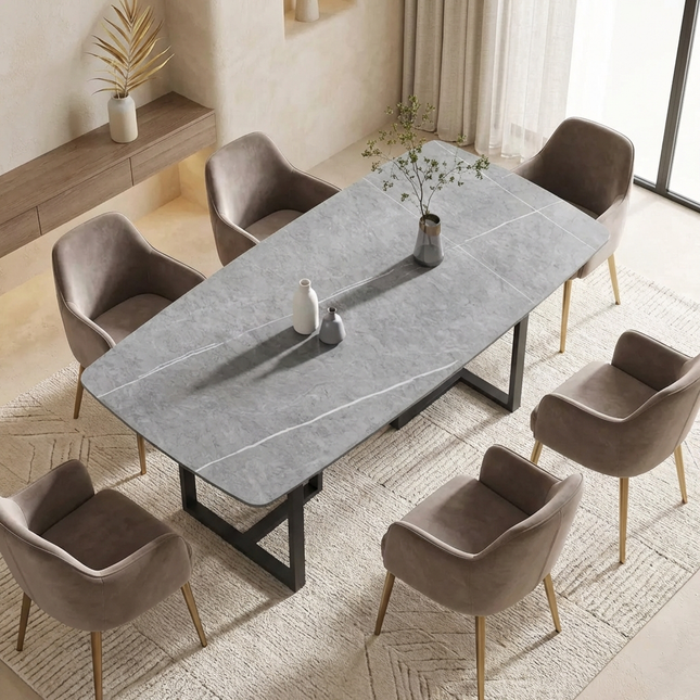 Curvea Modern Elegant Dining Tables | 70" Rectangular Grey with Onyx Black Base for 6-8