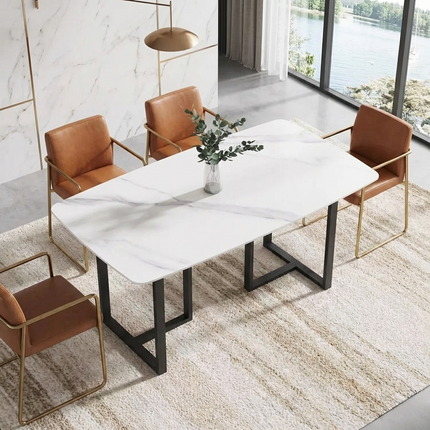 Curvea Elegant Dining Tables | 63" Rectangular Round Corners White with Onyx Black Base for 4-6