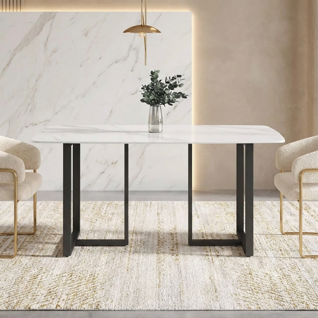 Curvea Elegant Dining Tables | 63" Rectangular Round Corners White with Onyx Black Base for 4-6
